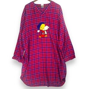 Warner Bros Vintage Y2K 90s Tweety Bird Nightgown Flannel Plaid Sleep Shirt L/XL